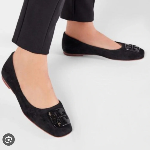 Tory Burch Georgia Black Suede Square Toe Ballet Flats with Emblem, size 9 - Picture 1 of 8